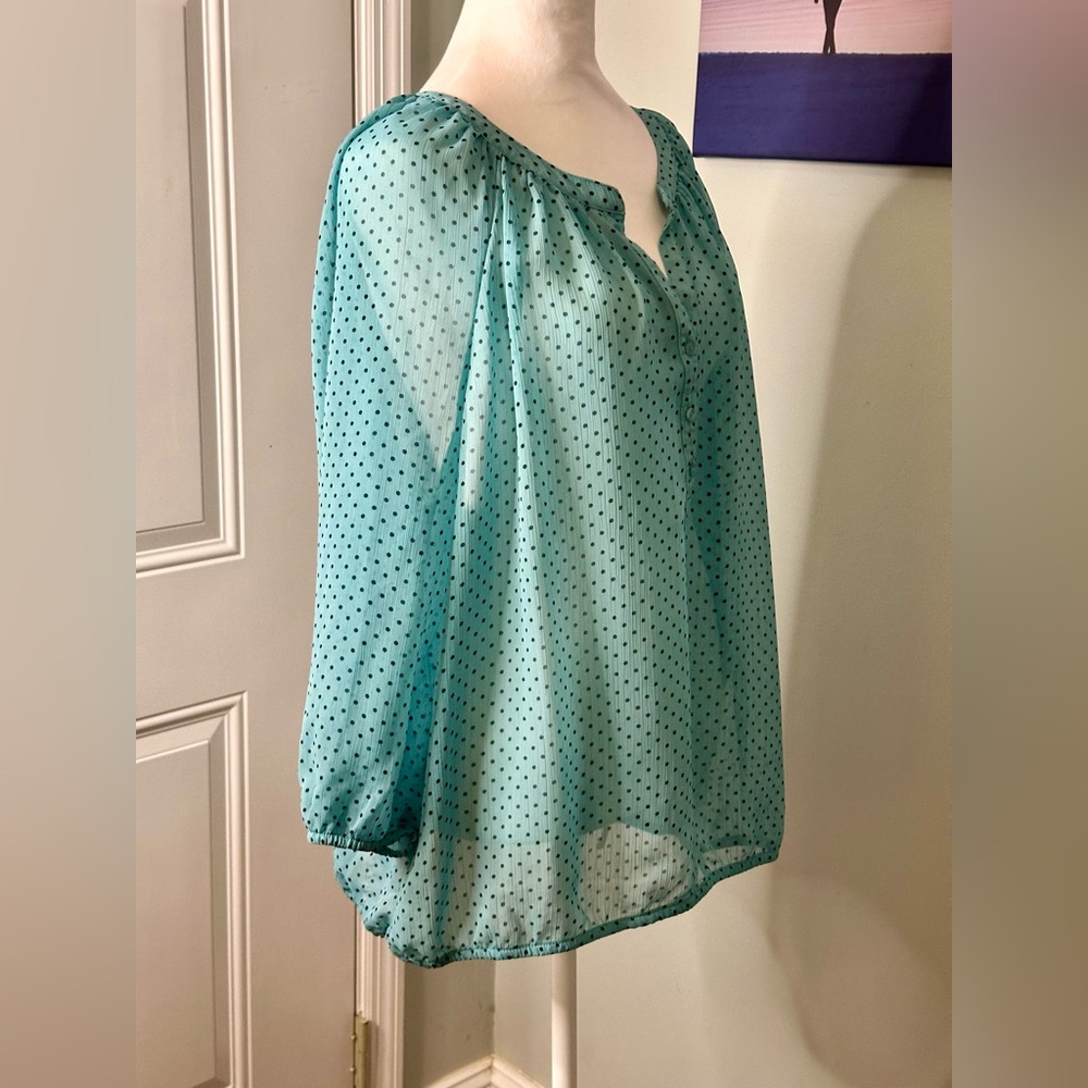 Liz Claiborne Sheer Teal Polka Dot Blouse - Picture 8 of 11